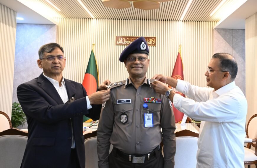 Prime Minister Tarique Rahman presents rank badge to newly appointed IGP Md. Ali Hossain Fakir
