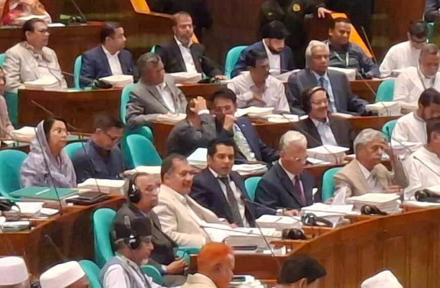 Information and Broadcasting Minister Zahir Uddin Swapan gets a seat in the front row of the National Parliament