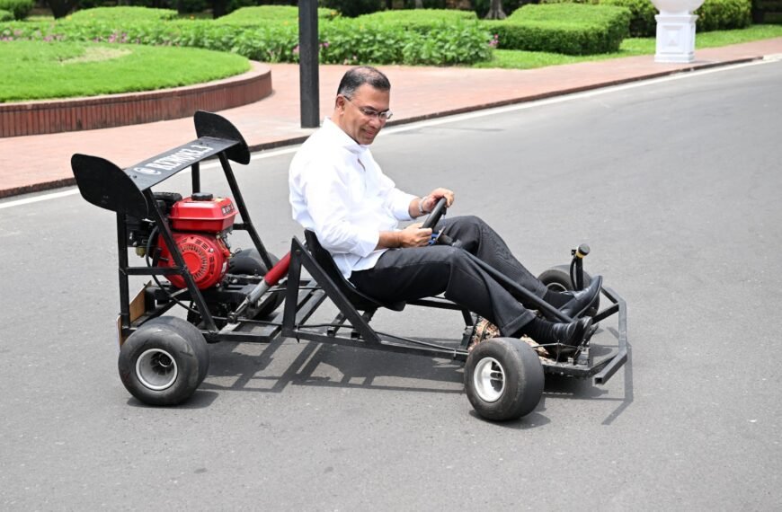Prime Minister Tarique Rahman drives a go-kart (racing car) made by a college student to encourage
