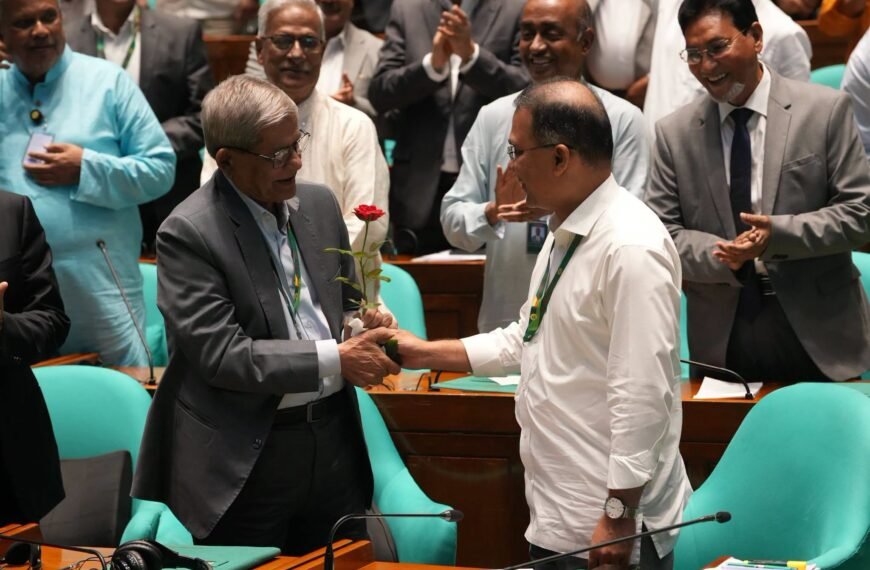 Prime Minister Tarique Rahman congratulates Mirza Fakhrul with flowers